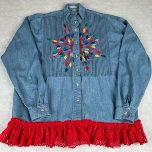 Vtg Southwest Canyon Shirt Women's Sz Large Denim Western Fringe Embroidered